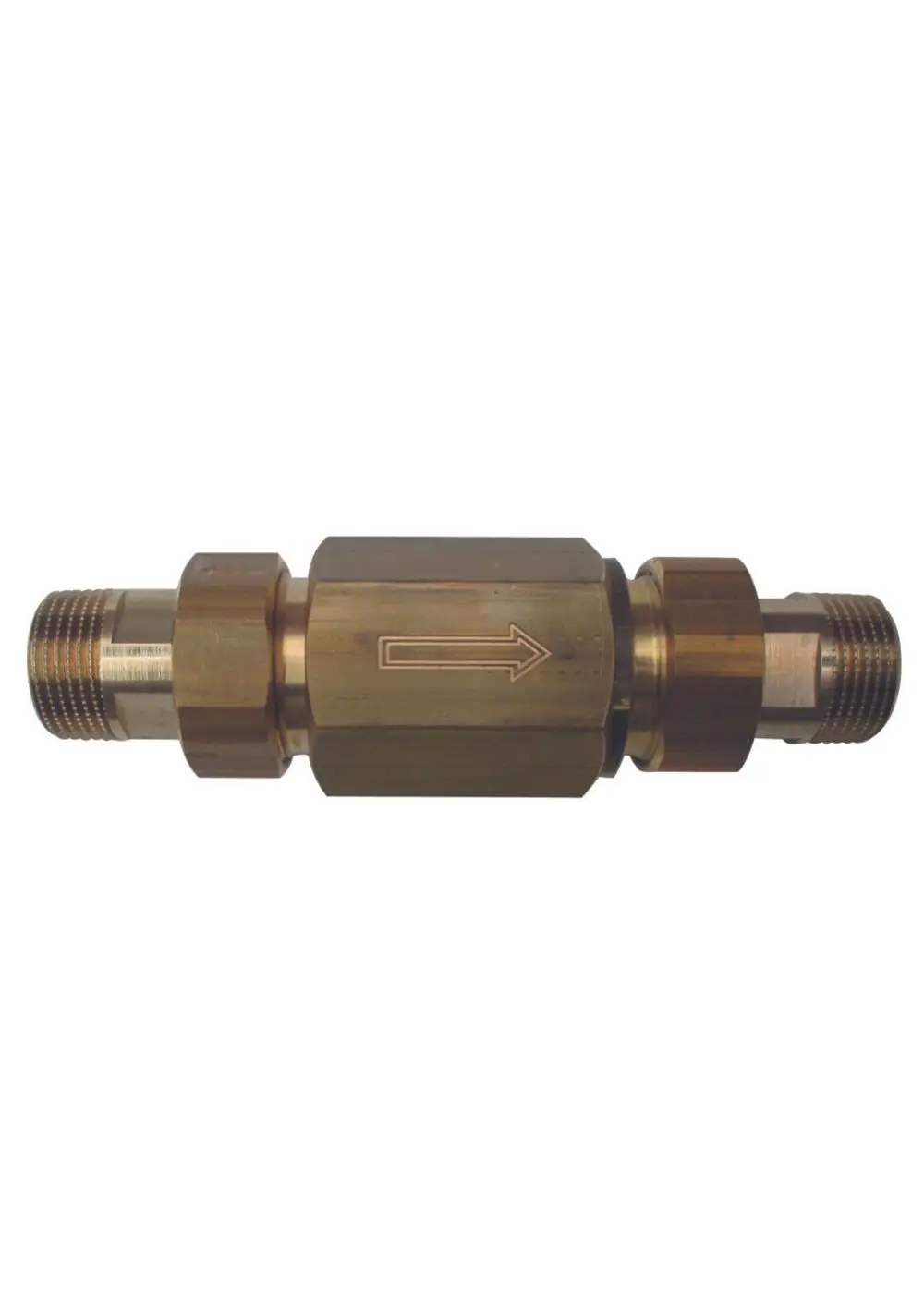 Überströmventil aus Messing mit Gewindeanschlüssen, symbolisch für Durchflussrichtung. Produkt von Judo, geeignet für verschiedene hydraulische Systeme.